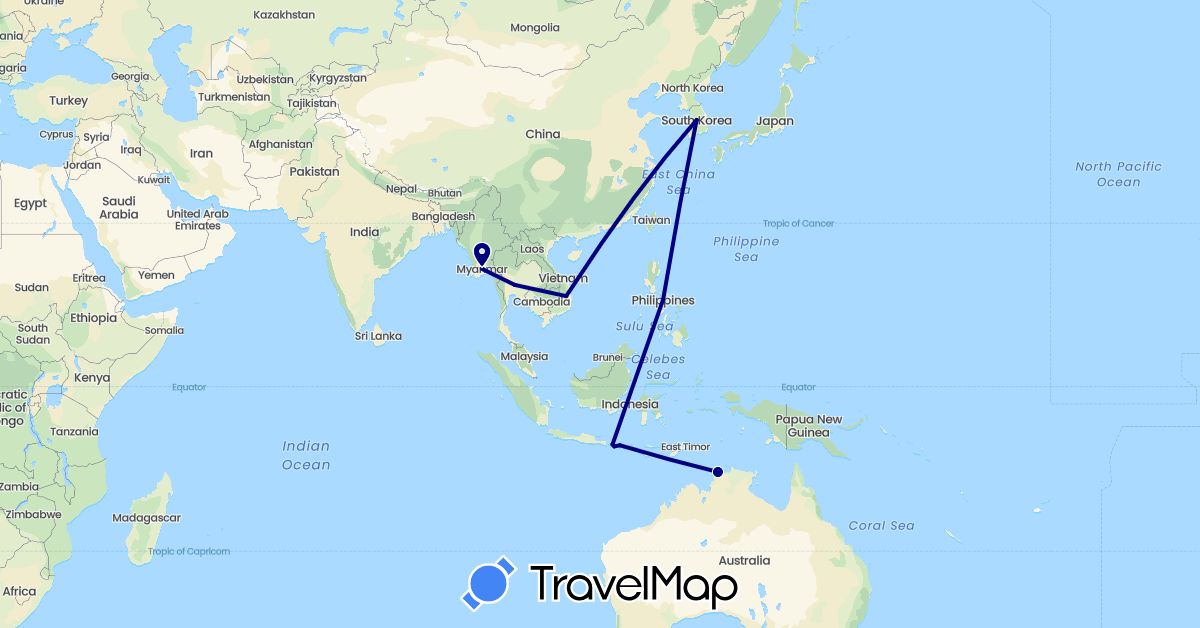 TravelMap itinerary: driving in Australia, Indonesia, South Korea, Myanmar (Burma), Philippines, Thailand, Vietnam (Asia, Oceania)